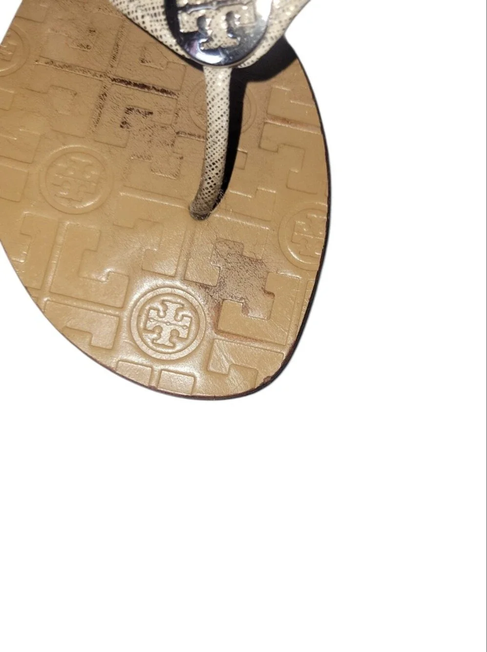 Tory Burch Thora  Metallic Silver Straps Leather W/Gold Logo Thong Sandals 8M